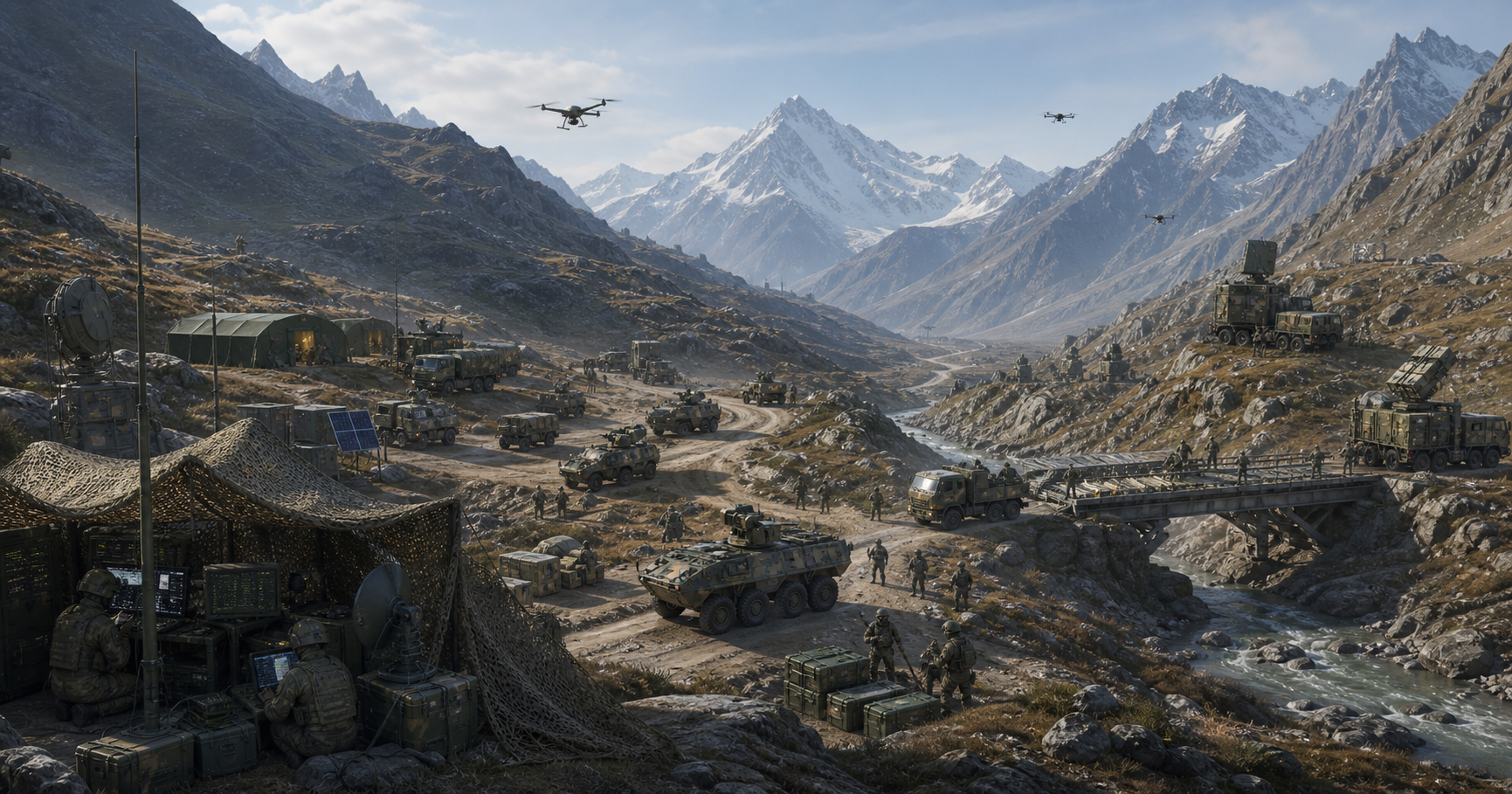 Ground units, air defence, drones, engineers, electronic-warfare equipment, and logistics teams operate together across a mountainous frontier landscape.
