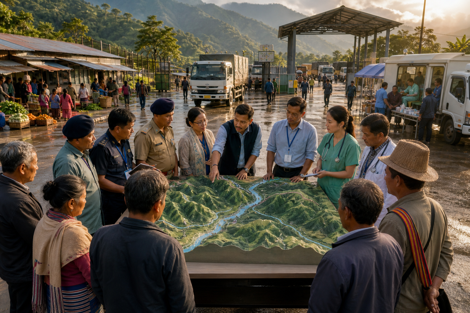 Administrators, security personnel, health workers, community elders and a trader coordinate around a terrain model at a functioning border logistics compound.