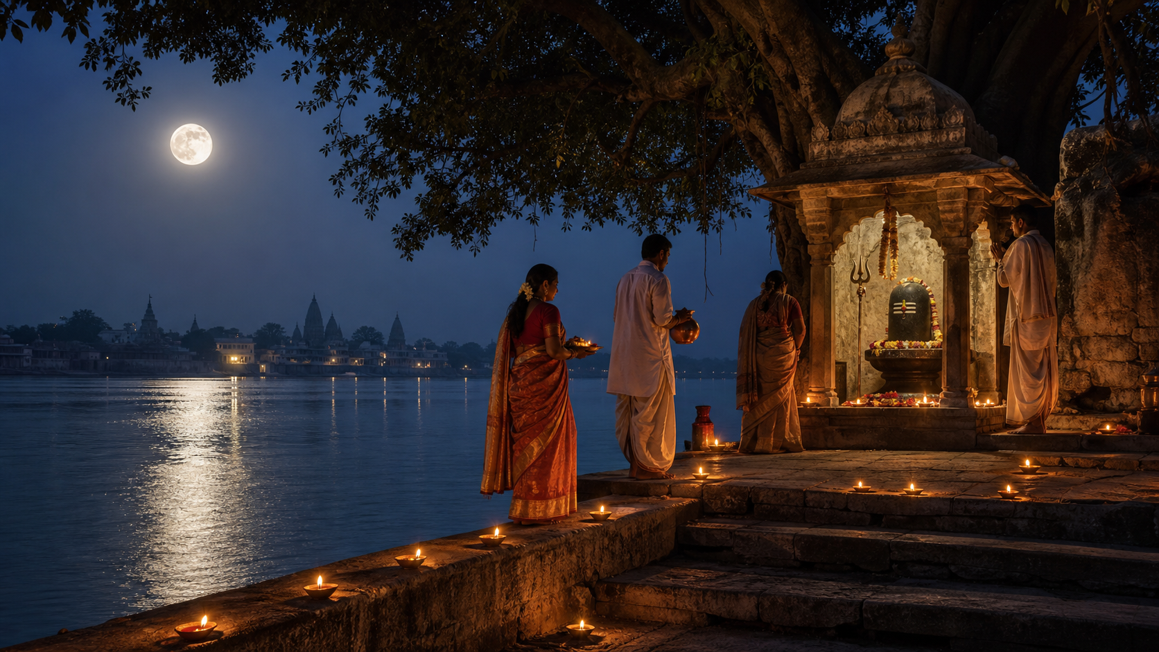 Worshippers approach a small Shiva shrine with flowers and water while clay lamps glow on riverside steps beneath a full moon.
