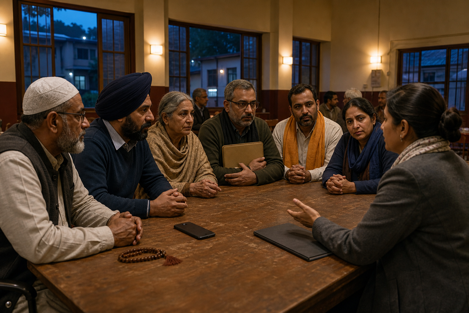 A multi-faith neighborhood delegation calmly meets with a civic liaison around a community hall table while safeguarding a phone and evidence folder.