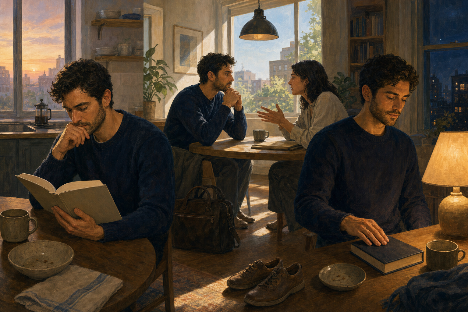 The same person studies at dawn, pauses attentively during a daytime conversation, and reflects beside a closed book in the evening.