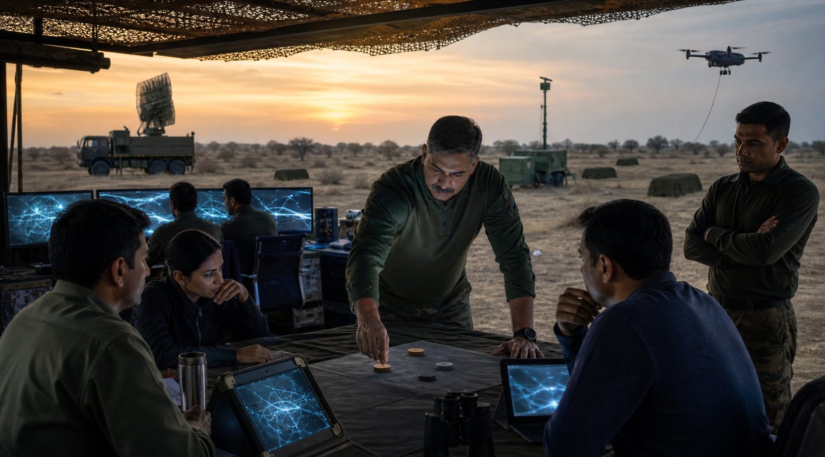 Officers and technical specialists coordinate drones, radar, communications, and decoys from a dispersed field command post.