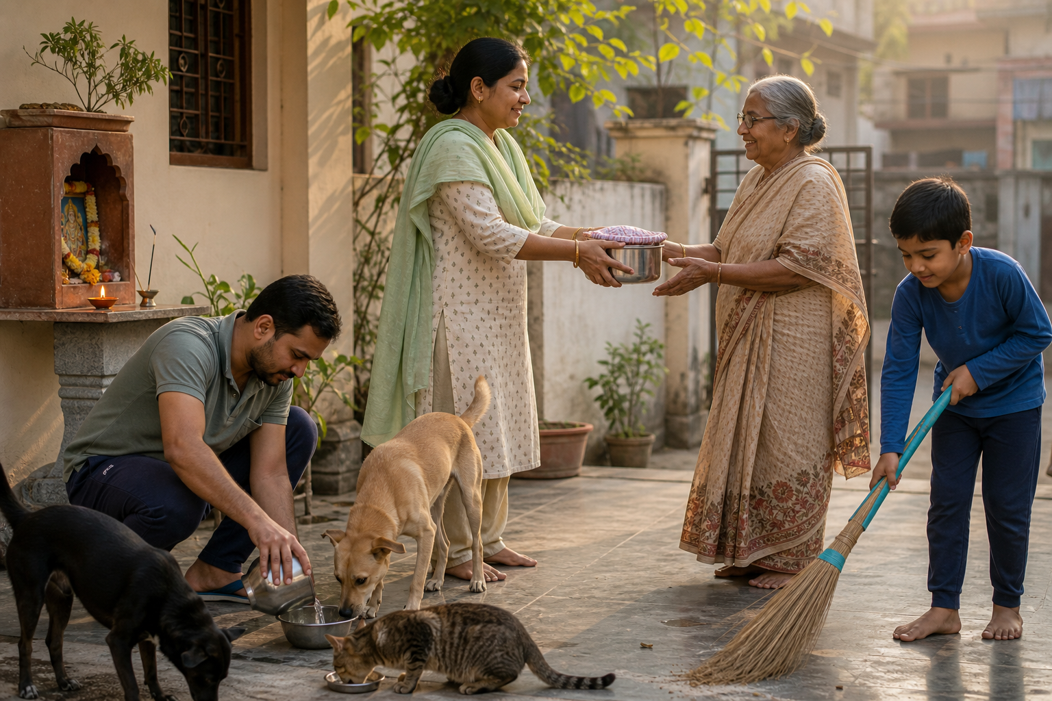Family members serve a meal to an elderly neighbor, provide water for animals, and clean a shared courtyard while a clay lamp glows near a home shrine.