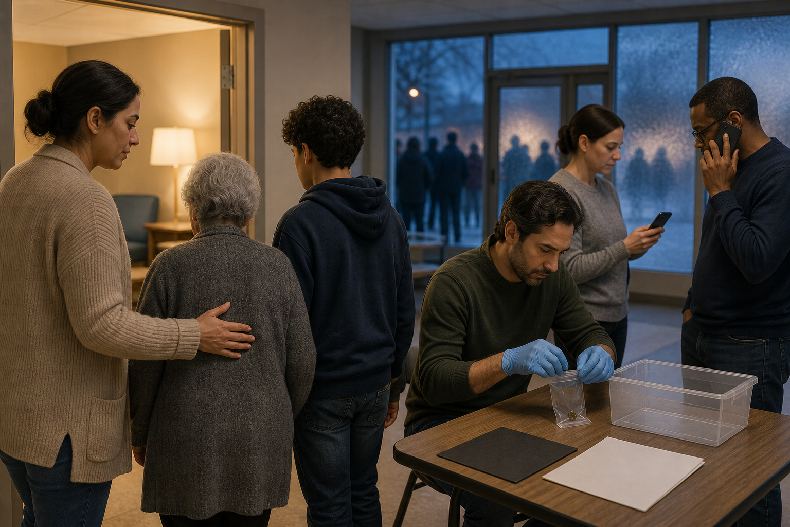 Community volunteers guide vulnerable people indoors, preserve a small item in an evidence sleeve, and verify information by phone.