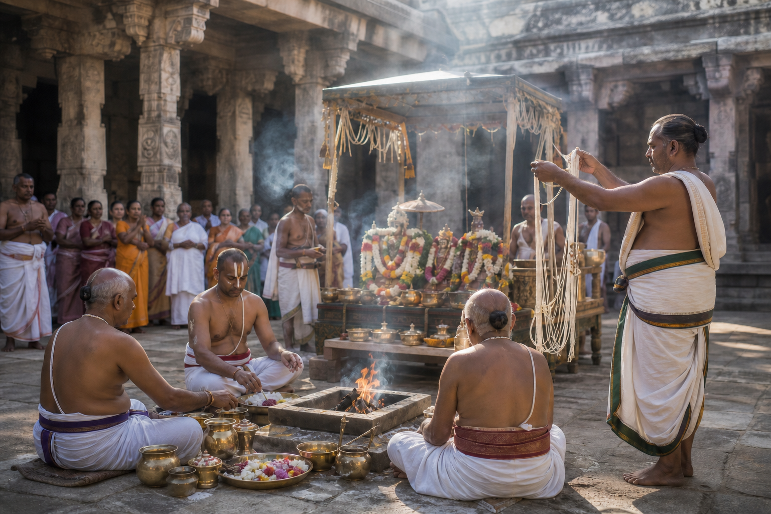 Priests conduct a temple purification rite with a small sacred fire, brass vessels, flowers, and loops of ceremonial cotton thread.