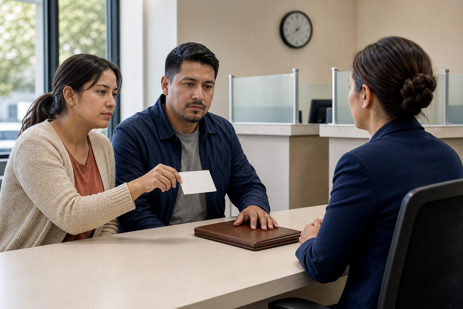 Two community representatives present a closed case folder to a civic official in a quiet public-service office.