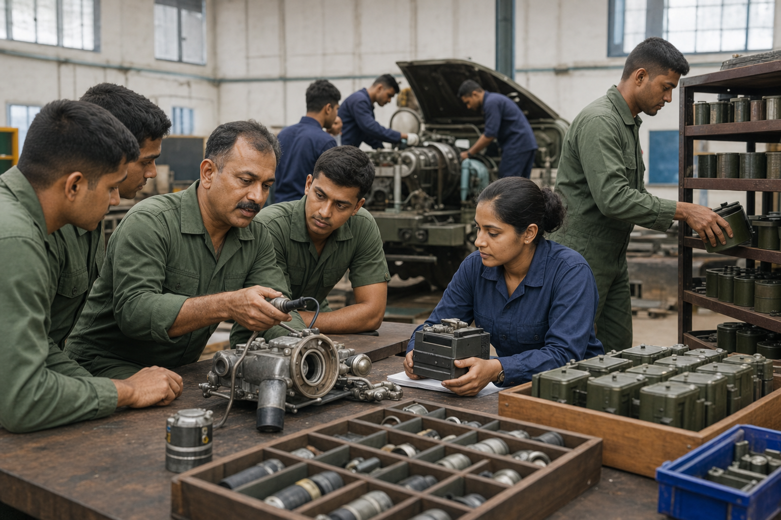 Military mechanics, service members, a civilian engineer, and a logistics planner train together around vehicle components and standardized spare parts.