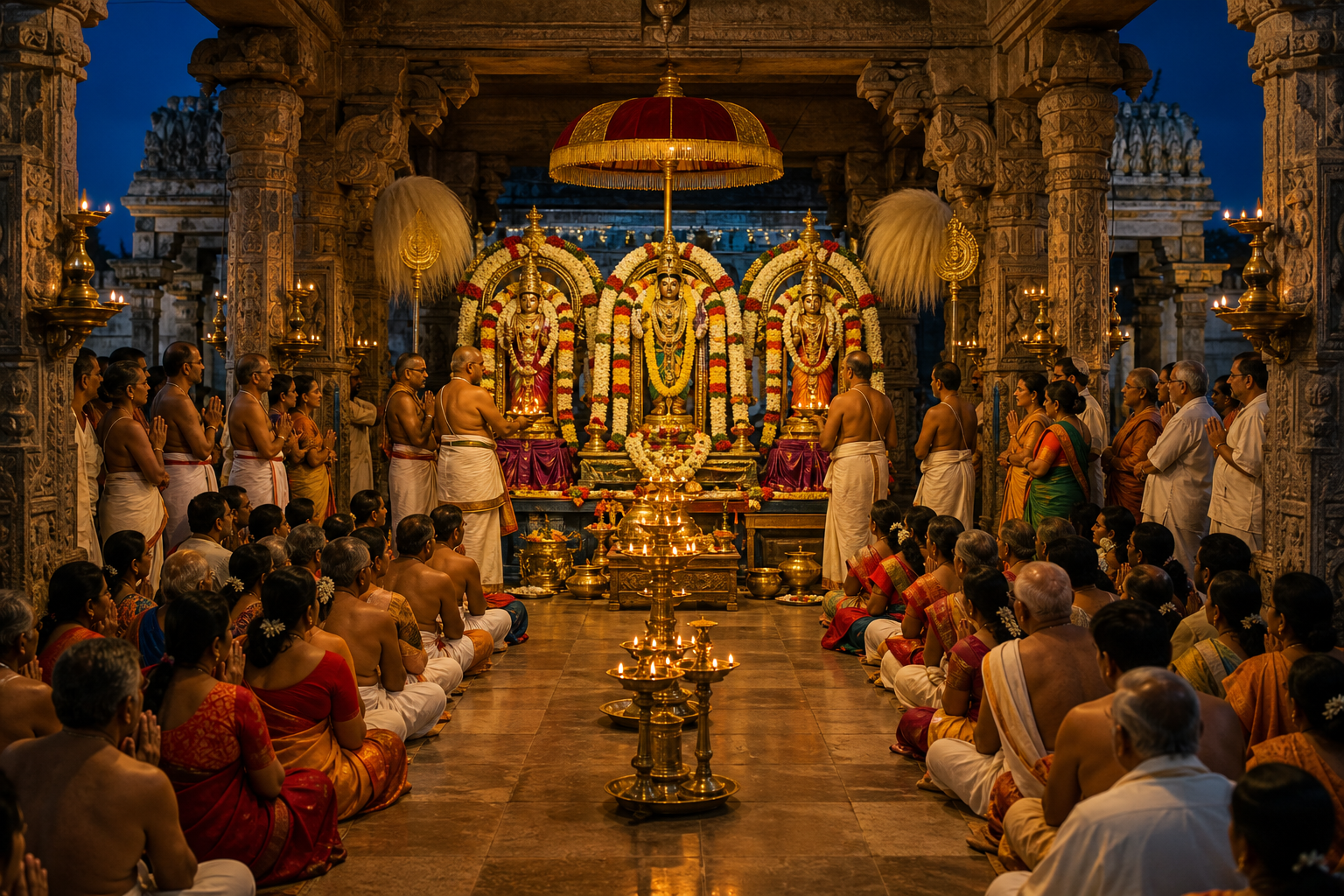 A formal temple assembly is illuminated by rows of clay oil lamps as priests and devotees gather before flower-adorned festival icons.