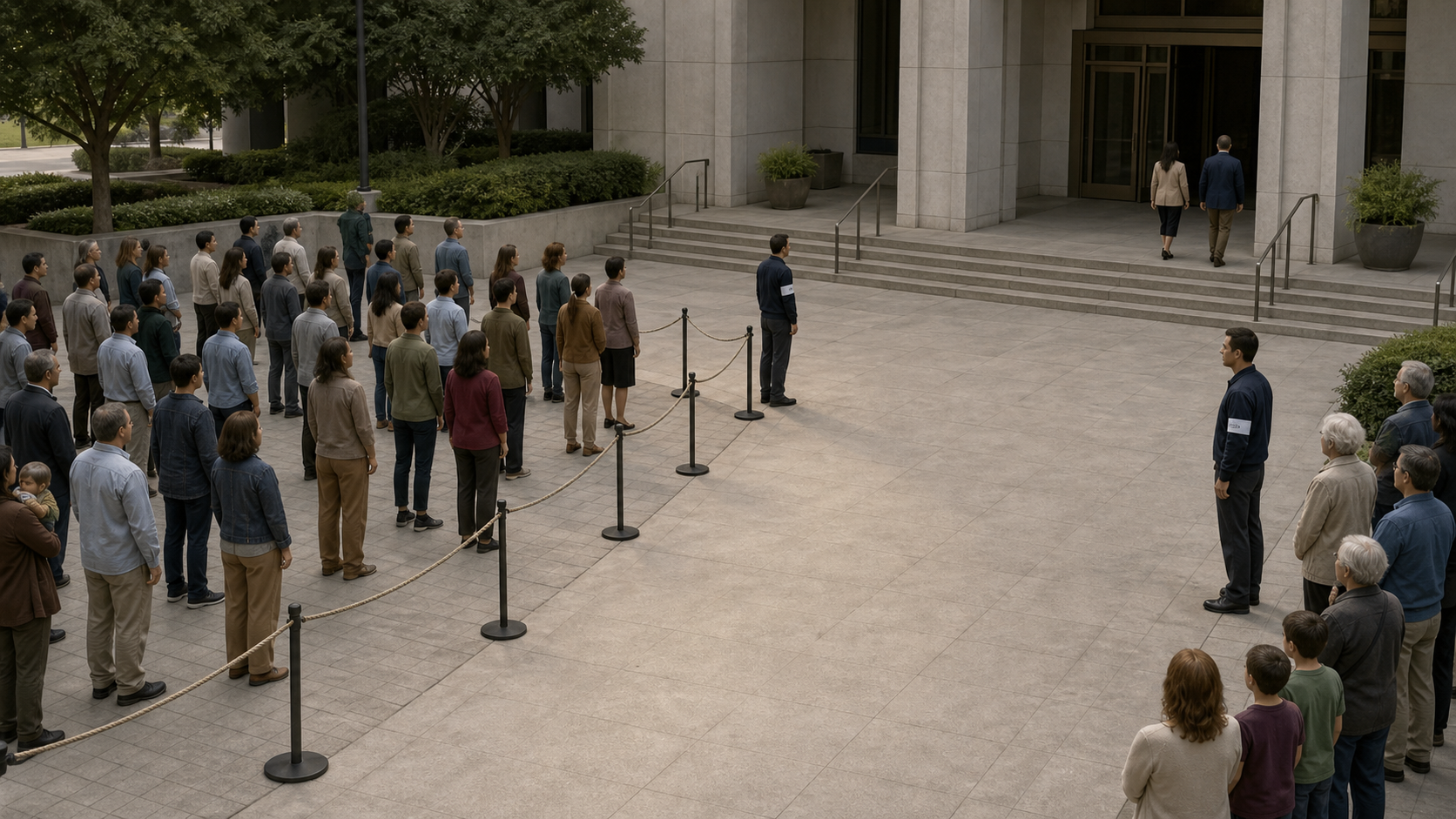 An orderly community assembly leaves a clear access path while two representatives approach a civic building and volunteers maintain calm boundaries.