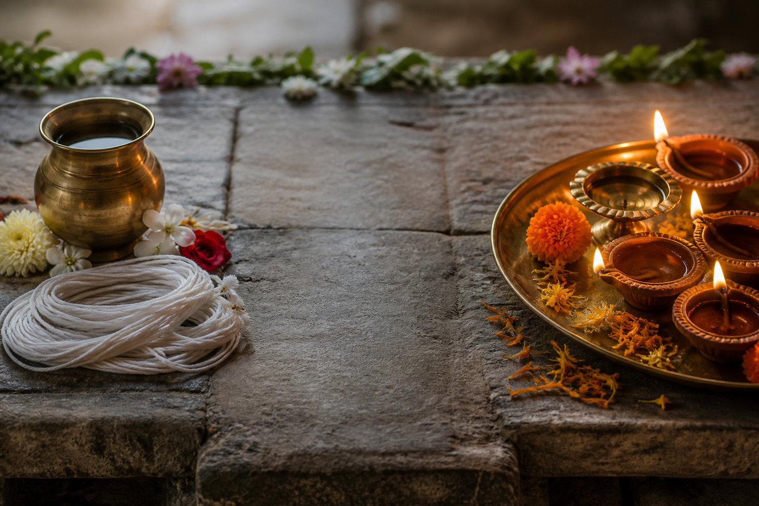 Sacred cotton threads and a brass vessel are arranged separately from glowing clay lamps and marigold petals on a stone platform.
