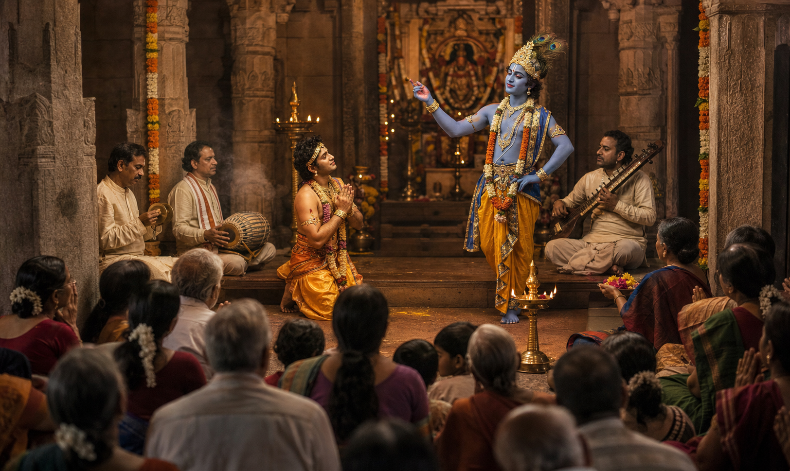 Worshippers watch a Krishna leela performance with musicians, flower offerings, and oil lamps inside a traditional temple hall.