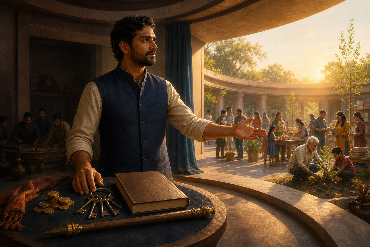 A thoughtful person stands beside keys, coins, a ledger, and a staff while opening a circular room toward a sunlit community courtyard.
