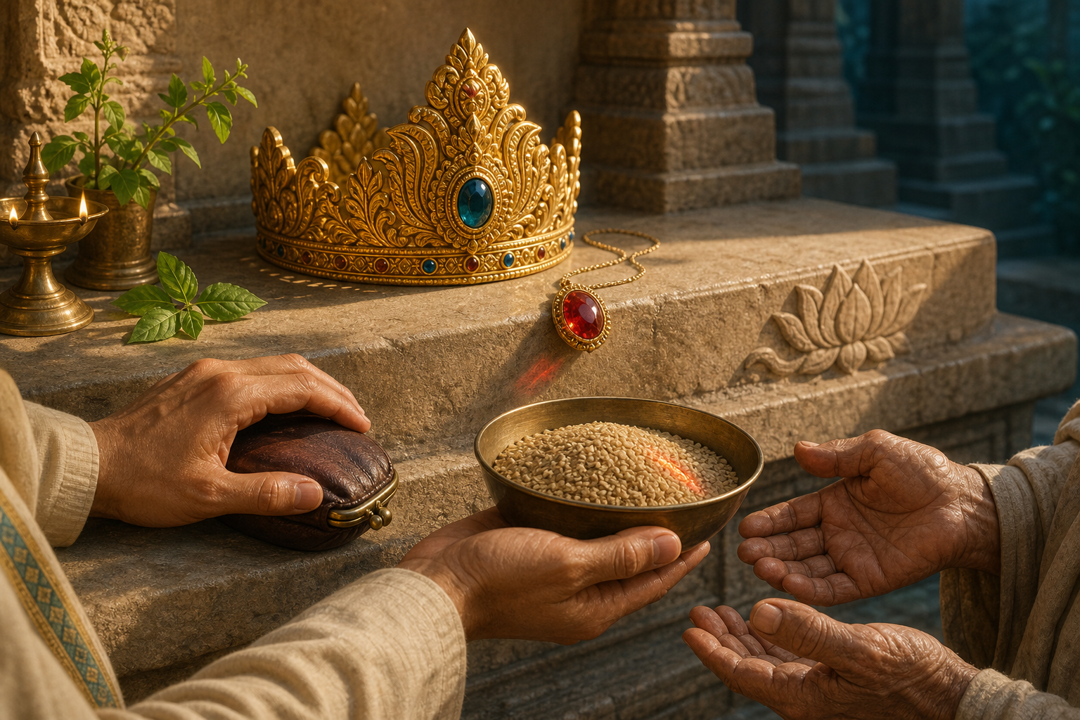 Vishnu's golden crown and red Kaustubha jewel rest above hands choosing to offer a bowl of grain to an elderly person.