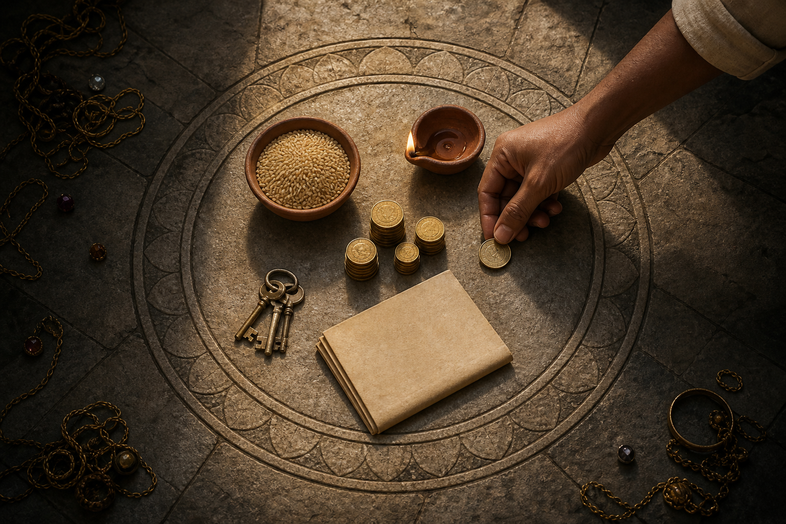 A hand places a coin inside a circular stone boundary containing grain, keys, a ledger, and a lamp, while scattered valuables lie outside in shadow.