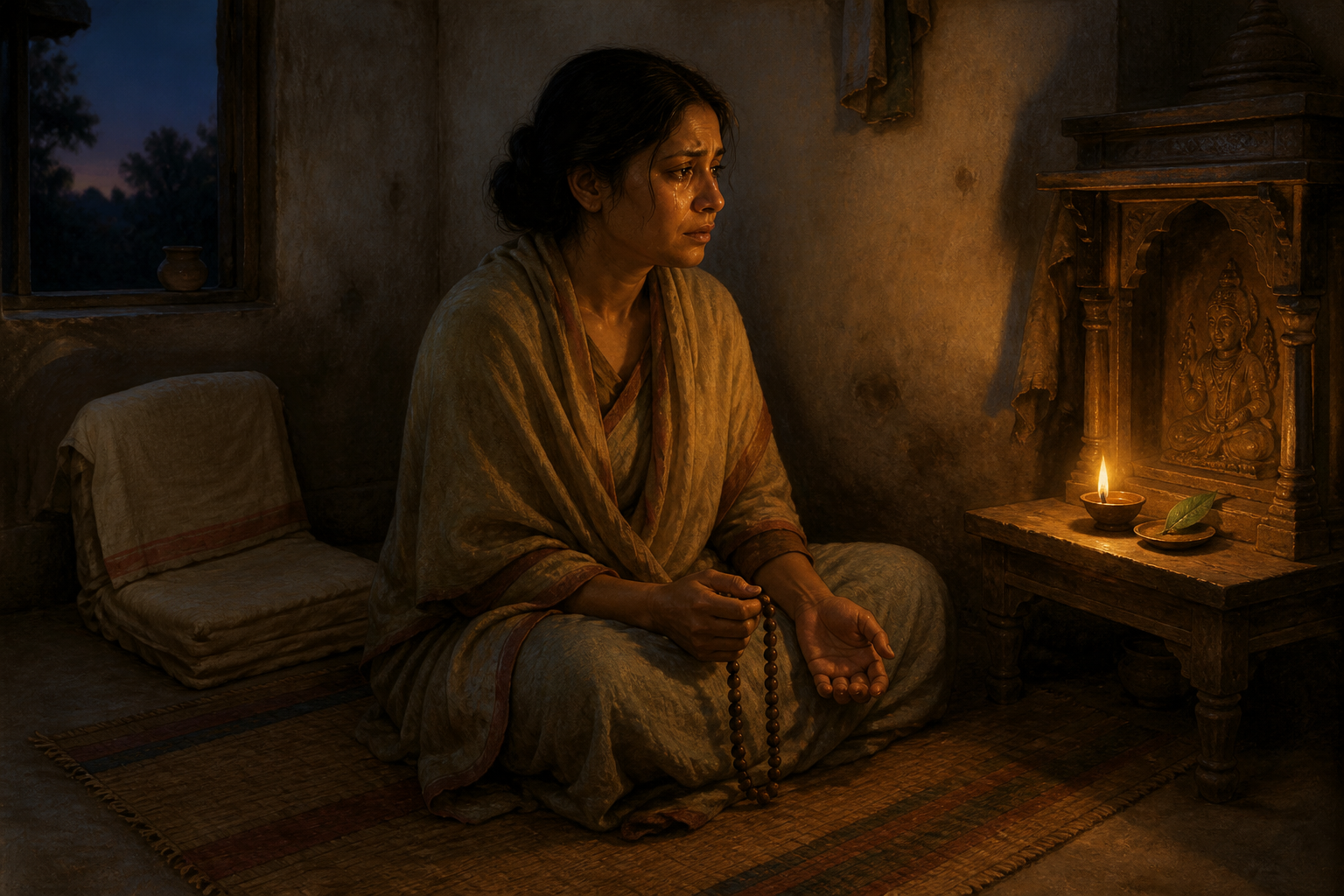A sorrowful woman with prayer beads sits near a small shrine and a single lit oil lamp.