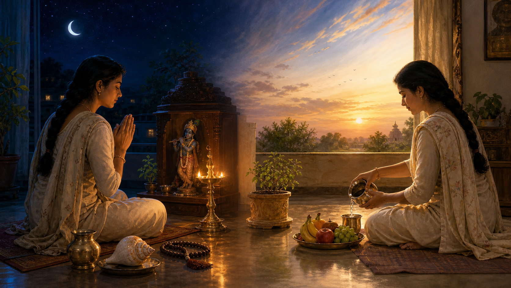 A devotee prays by lamplight under a waning moon on one side of a scene and prepares water and fruit in the next morning's light on the other.