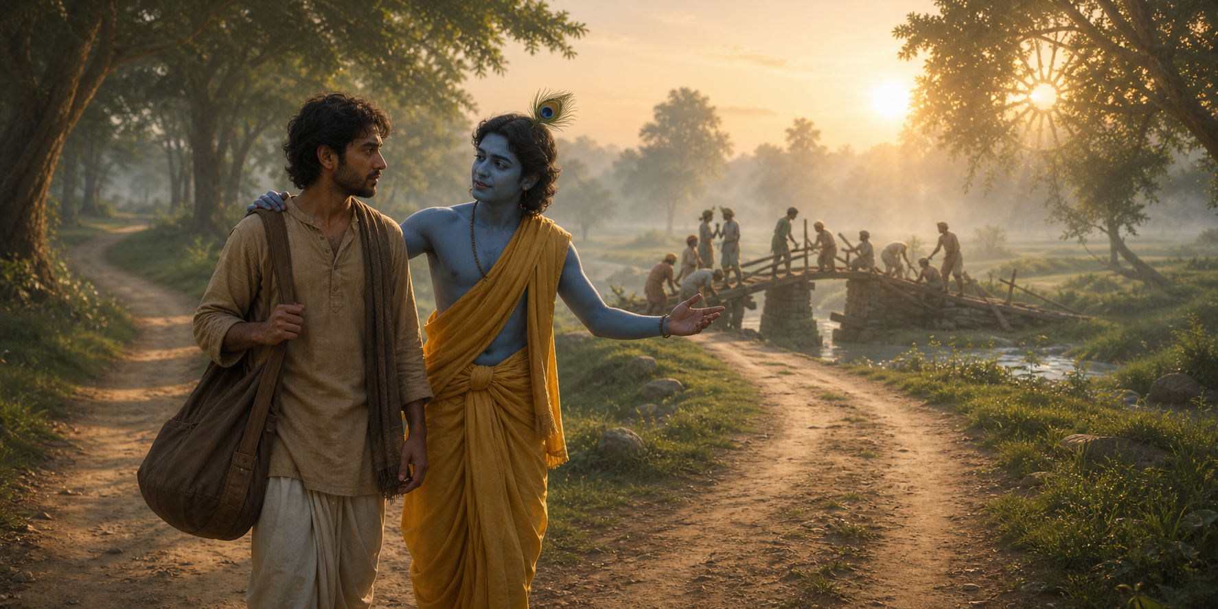Krishna walks beside an uncertain devotee and points toward villagers repairing a damaged bridge at a fork in the road.