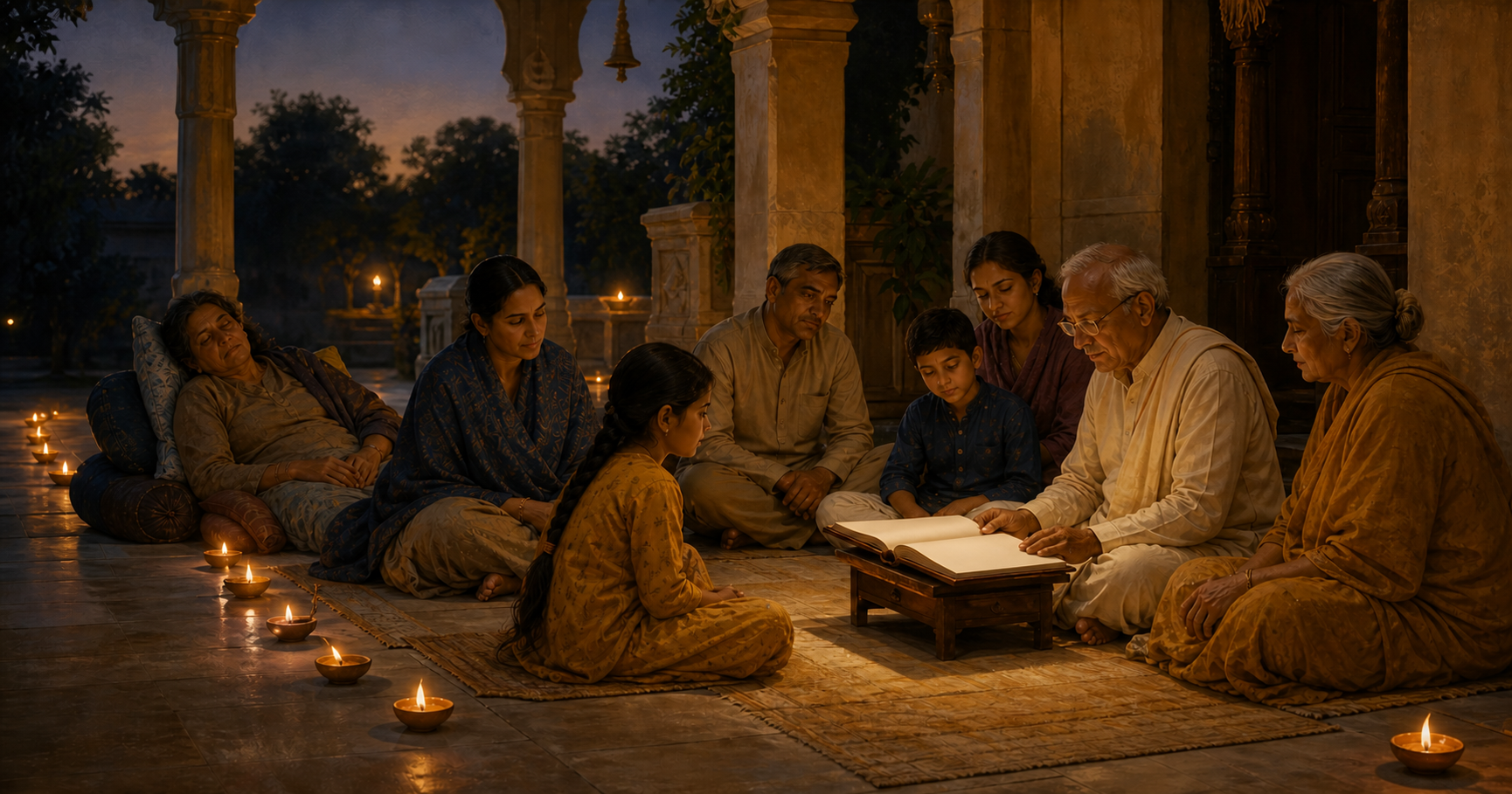 An intergenerational group listens attentively as an elder reads from a scripture beside rows of oil lamps.