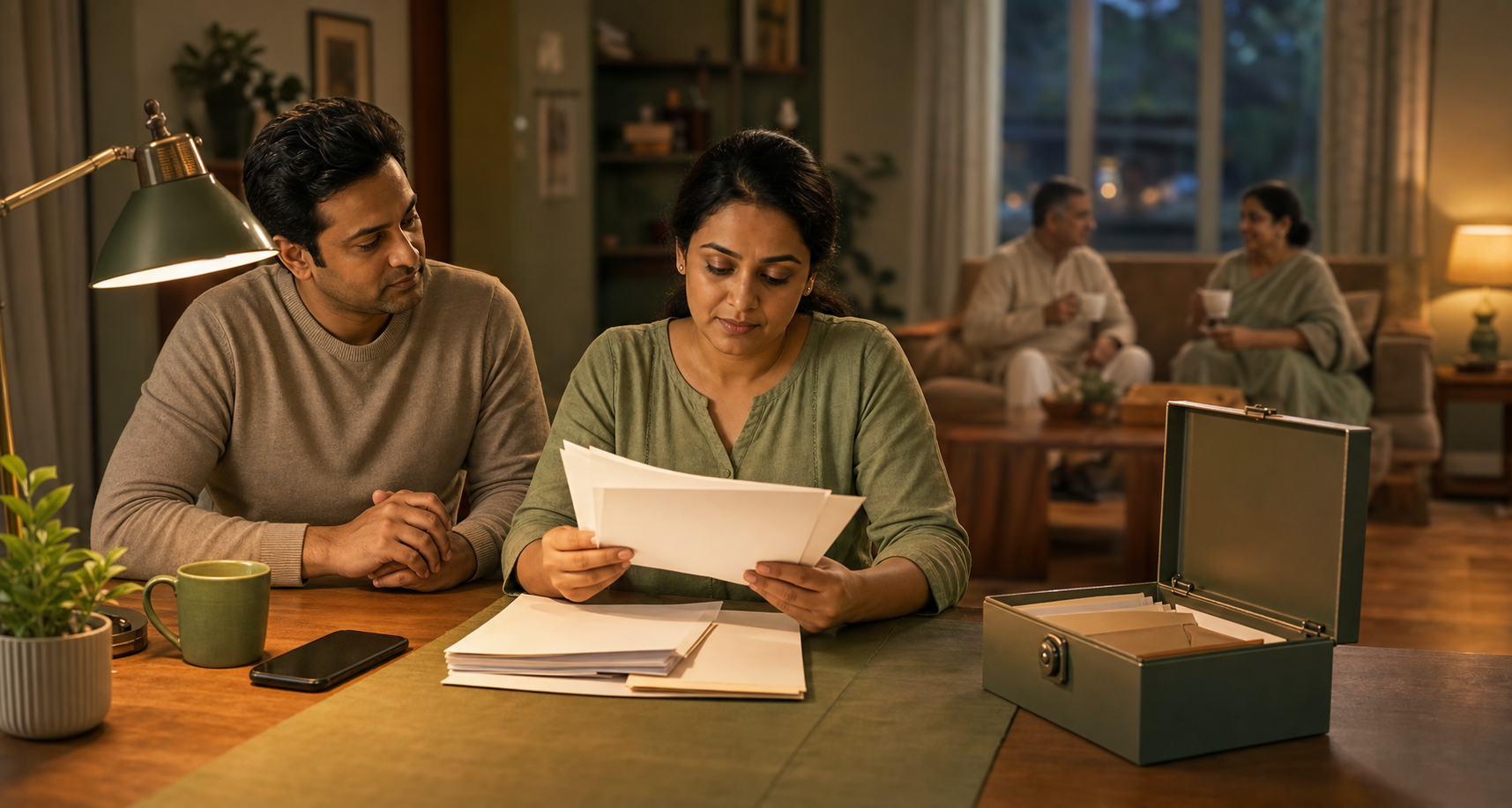 A person reviews private papers beside a trusted companion while a phone lies face down and family members share tea in the background.