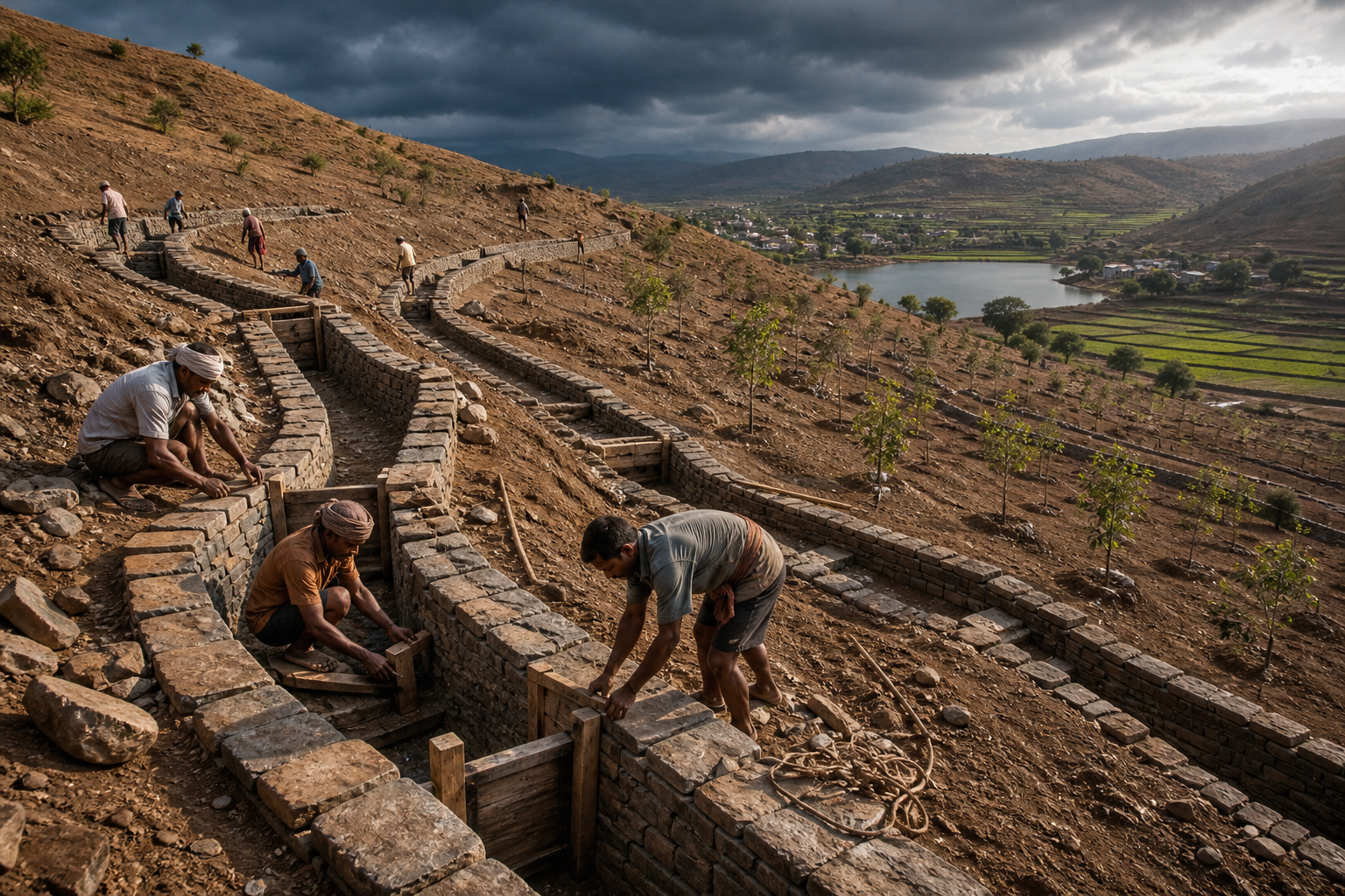 People build stone water channels and gates on a hillside before an approaching monsoon, directing future runoff toward fields and a reservoir.