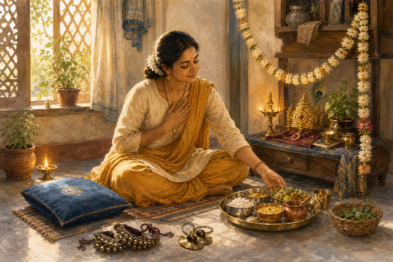 A seated devotee practices morning worship beside performance instruments, Vishnu symbols, tulsi leaves, and food prepared to share with others.