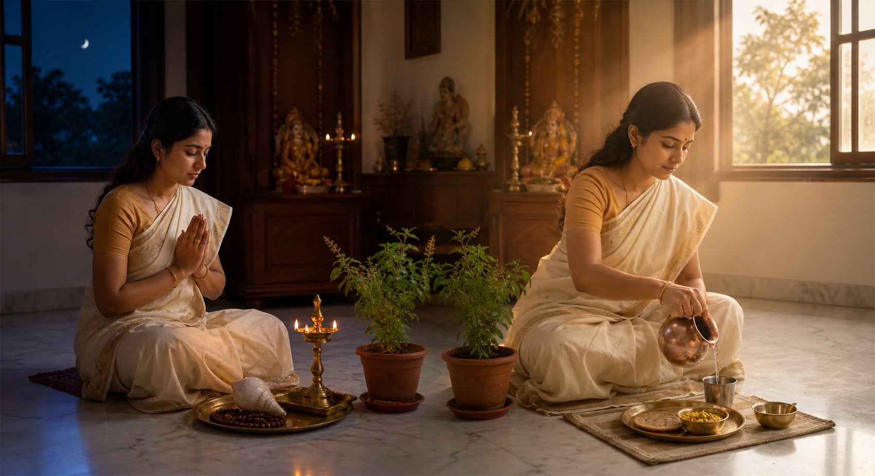 Two connected views show a devotee observing a lamp-lit fast in the evening and preparing to conclude it with water the following morning.