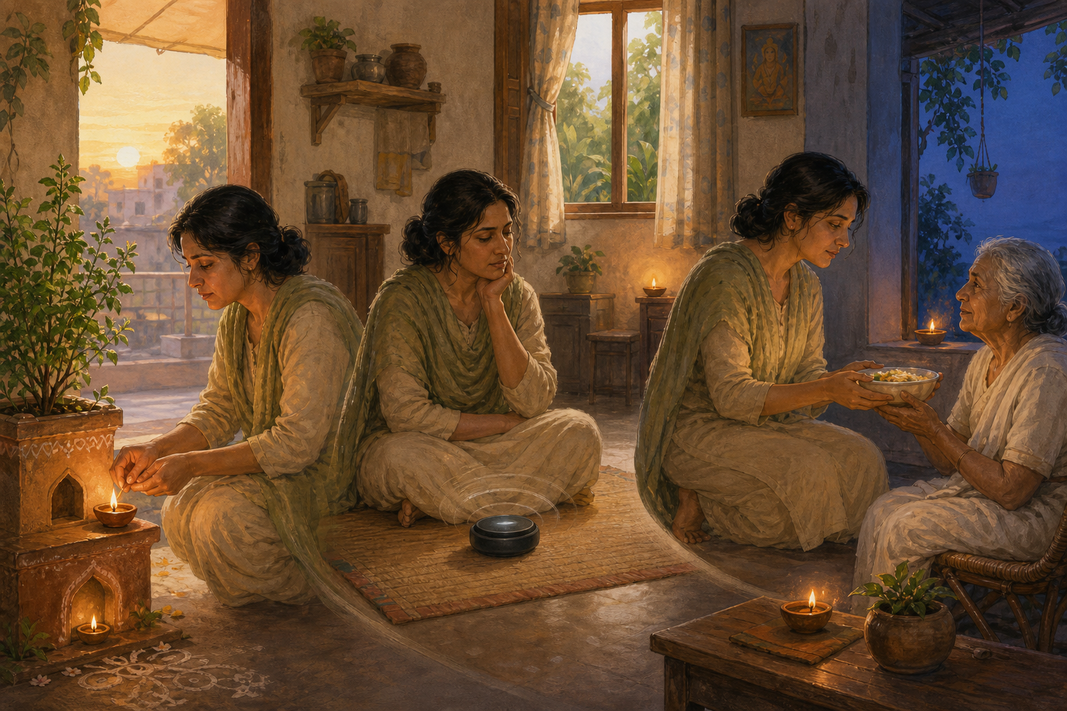 Three connected moments show a devotee lighting a lamp, listening quietly, and bringing food to an older relative.