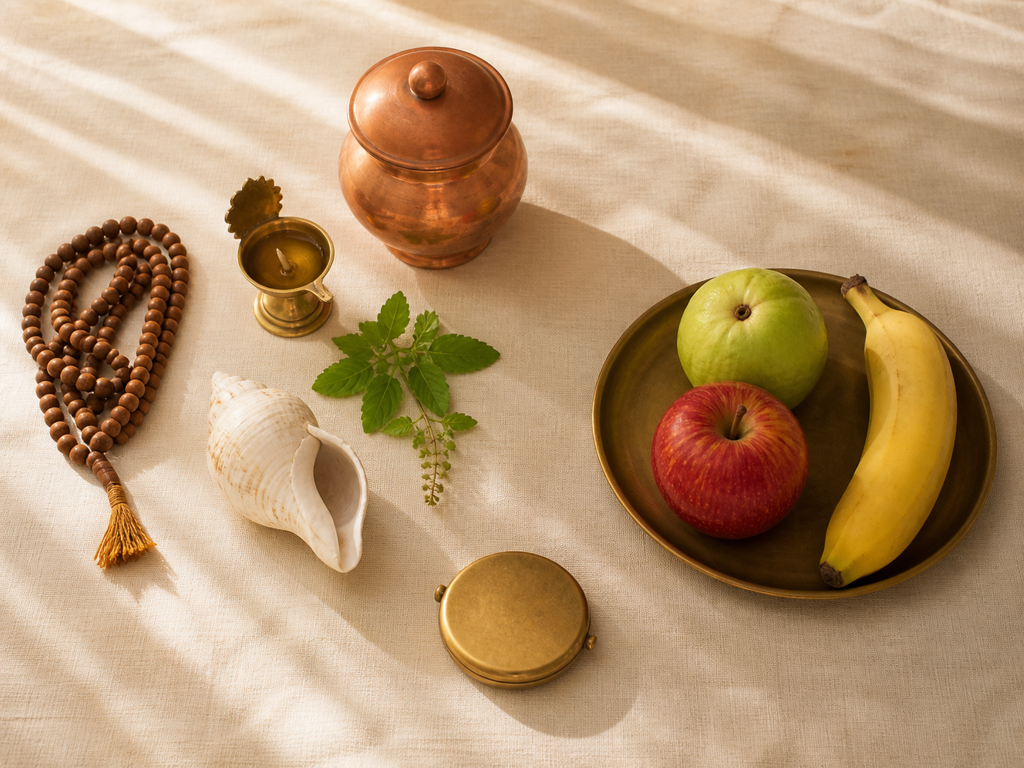 Prayer beads, a brass lamp, tulsi leaves, a conch, water, and a small plate of fruit are arranged neatly for a two-stage observance.