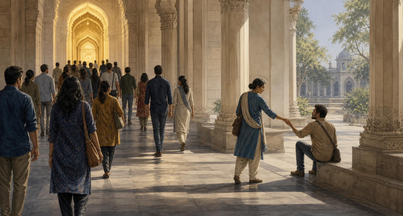 One person takes a quieter path through a colonnade and offers a hand to another while a larger group continues toward a brightly lit doorway.