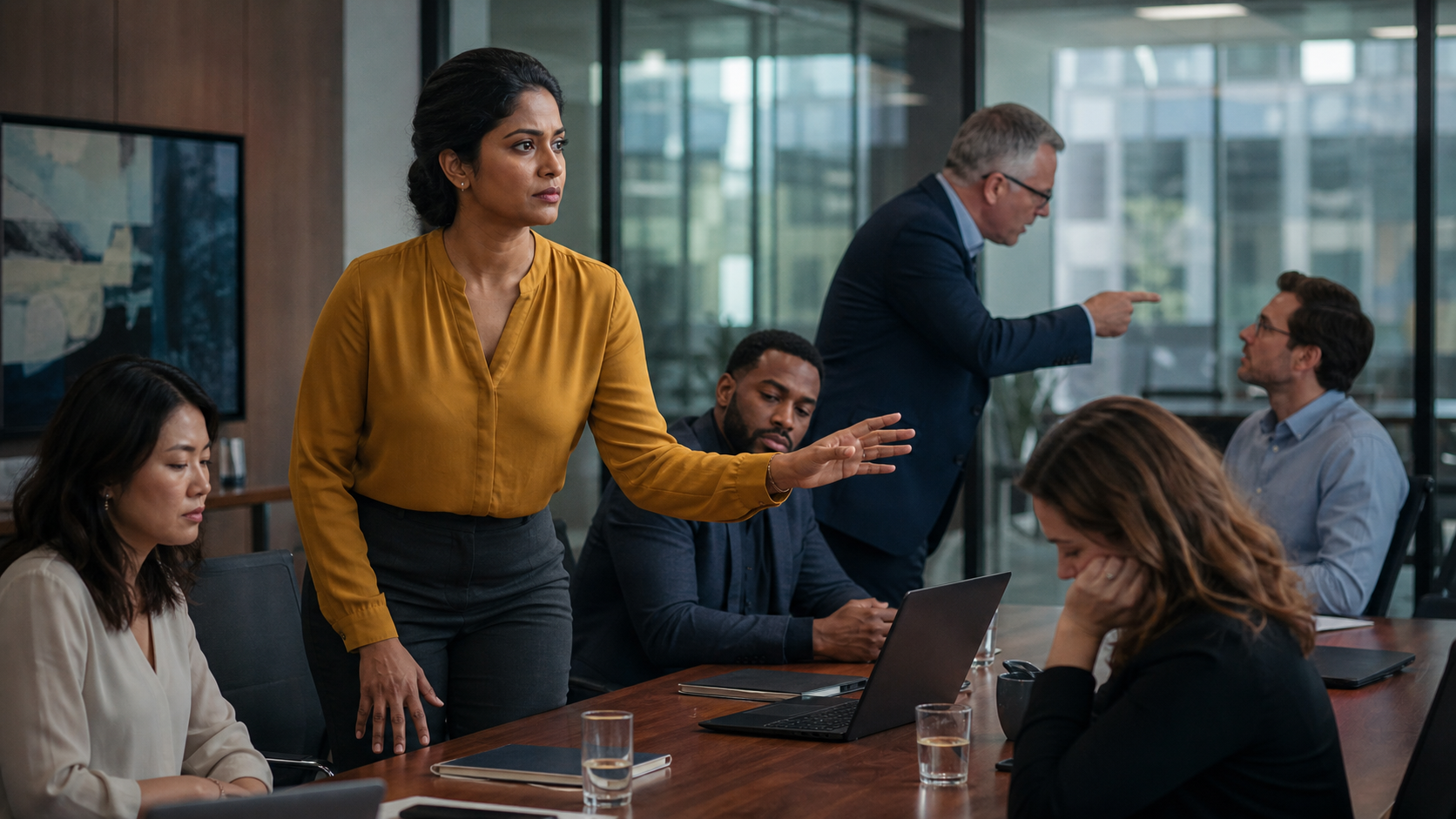 A composed employee rises to intervene as a colleague is confronted during a tense conference-room meeting.