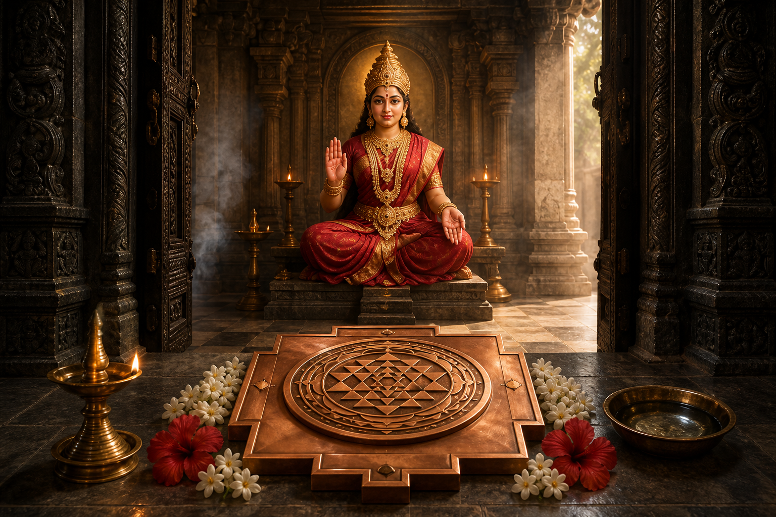 Sri Nimishamba Devi sits in a lamp-lit stone temple sanctum behind a copper Sri Chakra altar decorated with flowers.