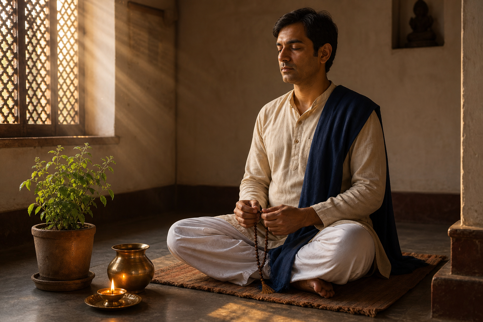 A devotee meditates with prayer beads beside a brass lamp, tulsi plant, and water vessel in a quiet dawn prayer room.