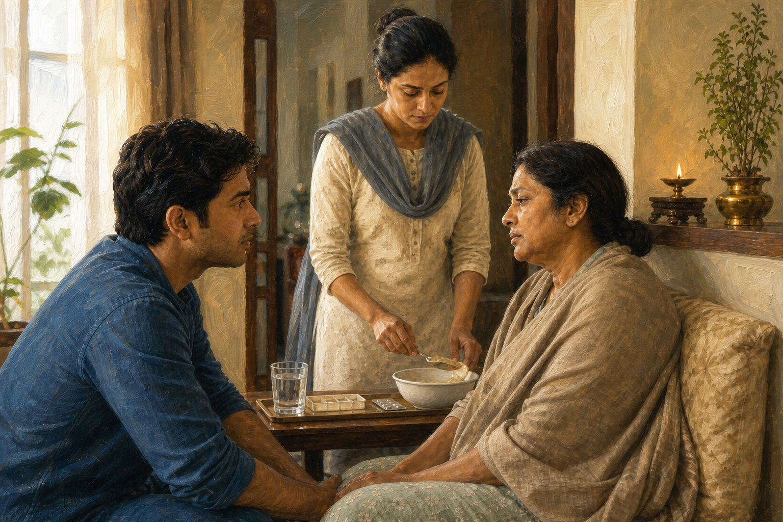 Family members listen to a grieving relative while preparing a simple meal, water, and medicine beside a lit oil lamp.