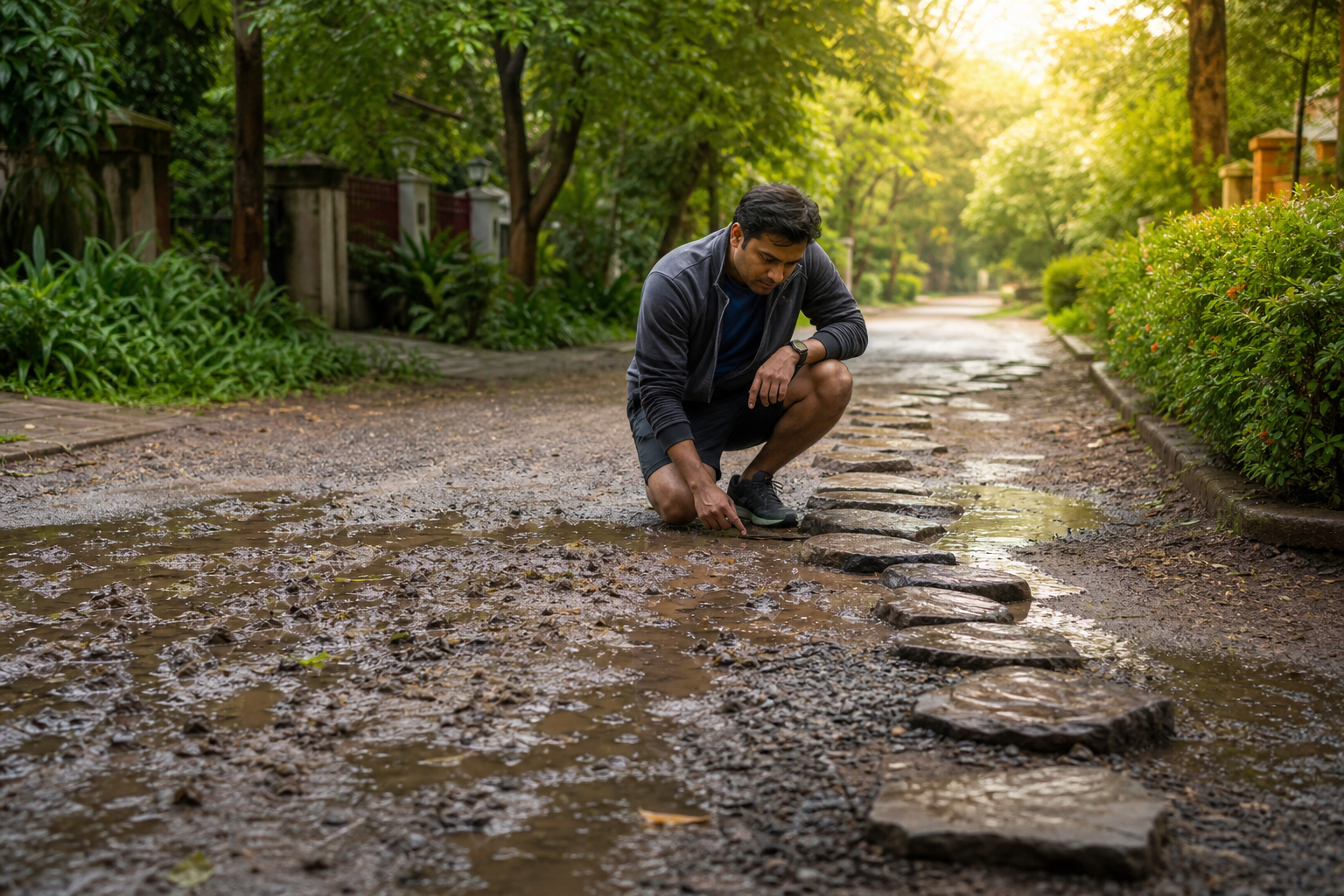 A person kneels beside a muddy patch on a path and examines a line of stepping stones leading forward through sunlit trees.