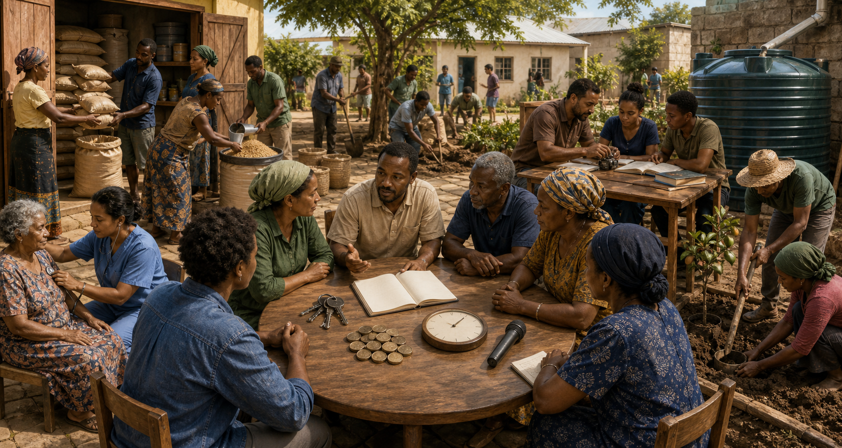 Community members review keys, coins, a ledger, a clock, and a microphone while others distribute grain, teach skills, provide care, and plant trees.
