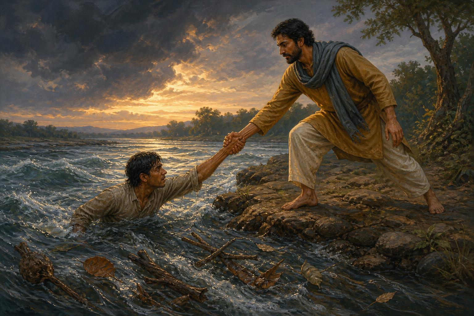 A person standing steadily on a riverbank reaches down to help someone out of turbulent water.