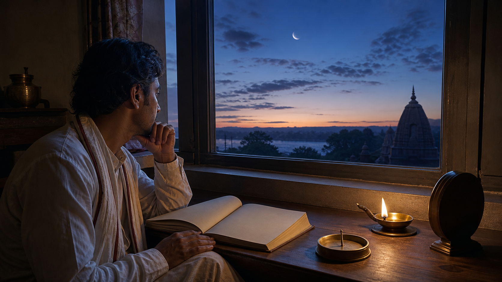 A devotee compares the predawn sky with a blank almanac beside an unmarked timepiece, lamp, and directional instrument.
