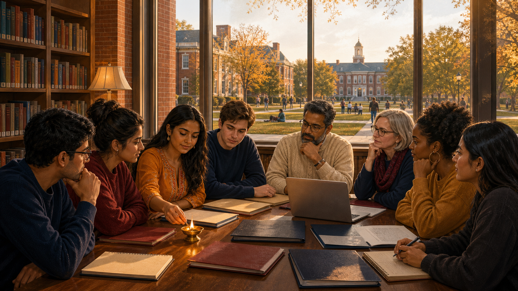 Students, parents, alumni, and community advocates review documents together at a library table beside a small brass diya on a university campus.