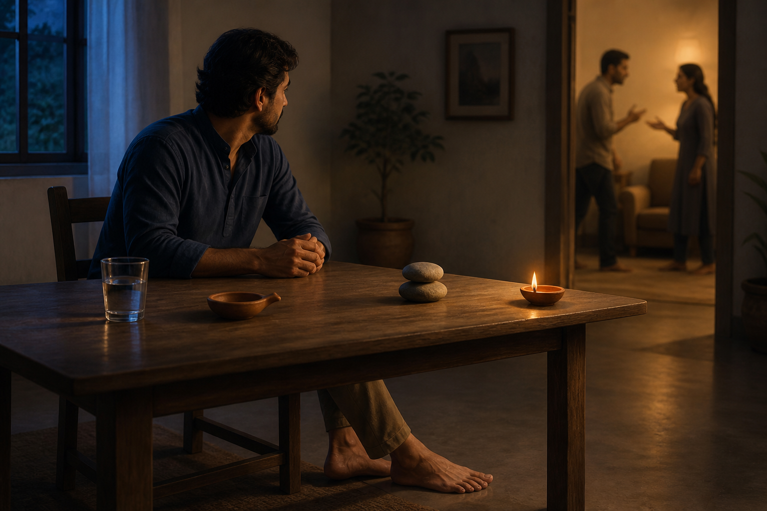A thoughtful person at a table turns toward a tense conversation beside four arranged objects, ending with a glowing clay lamp near the doorway.