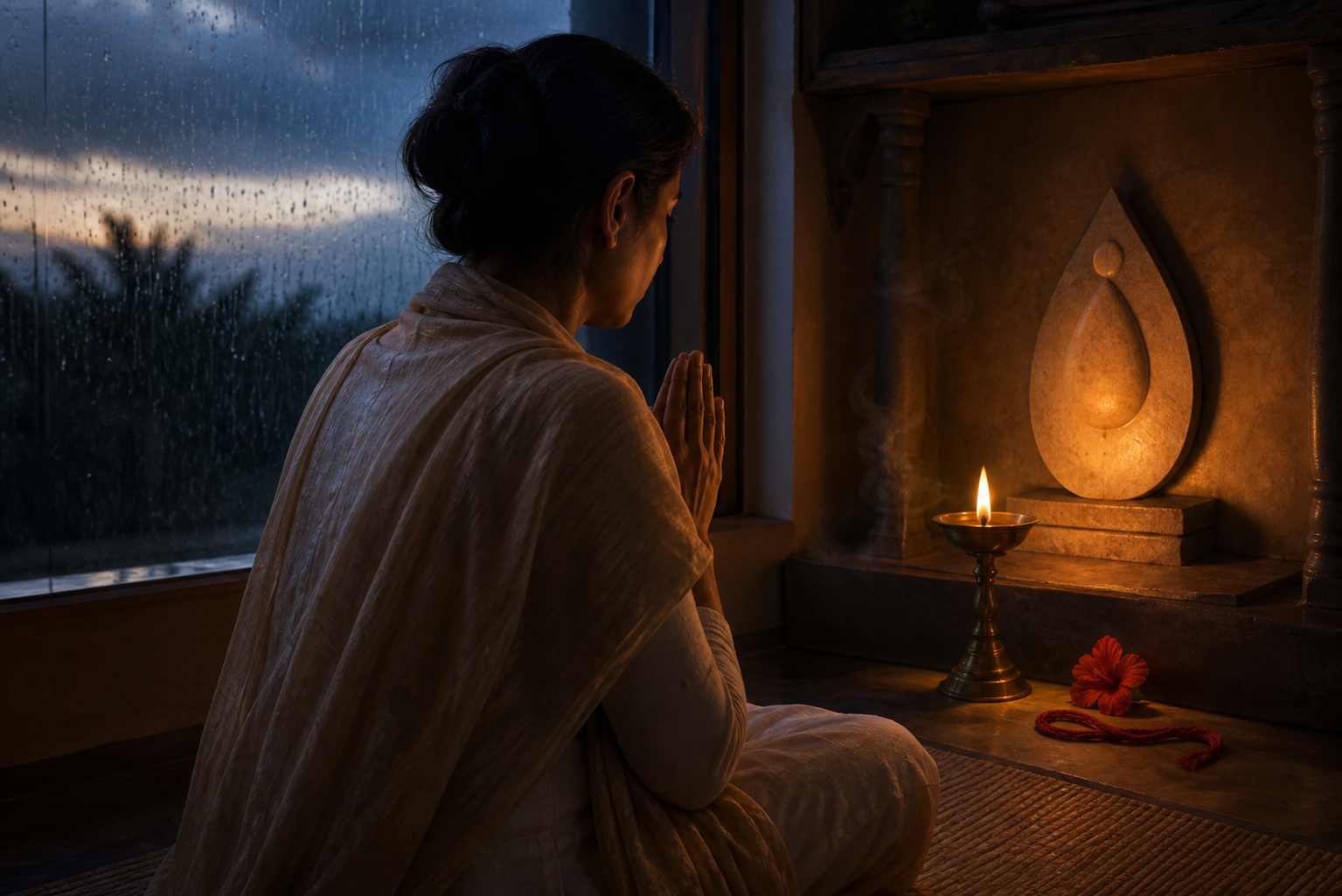 A devotee prays beside a steady oil lamp at a simple home shrine while rain falls outside at dawn.