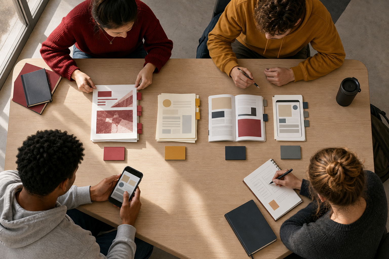 Four students sort an event notice, notes, policy materials, and a phone into organized groups at a campus study table.