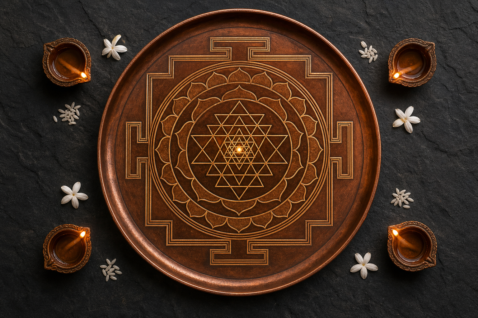 A copper Sri Chakra with square gateways, lotus rings, interlocking triangles, and a luminous central point is viewed from above.