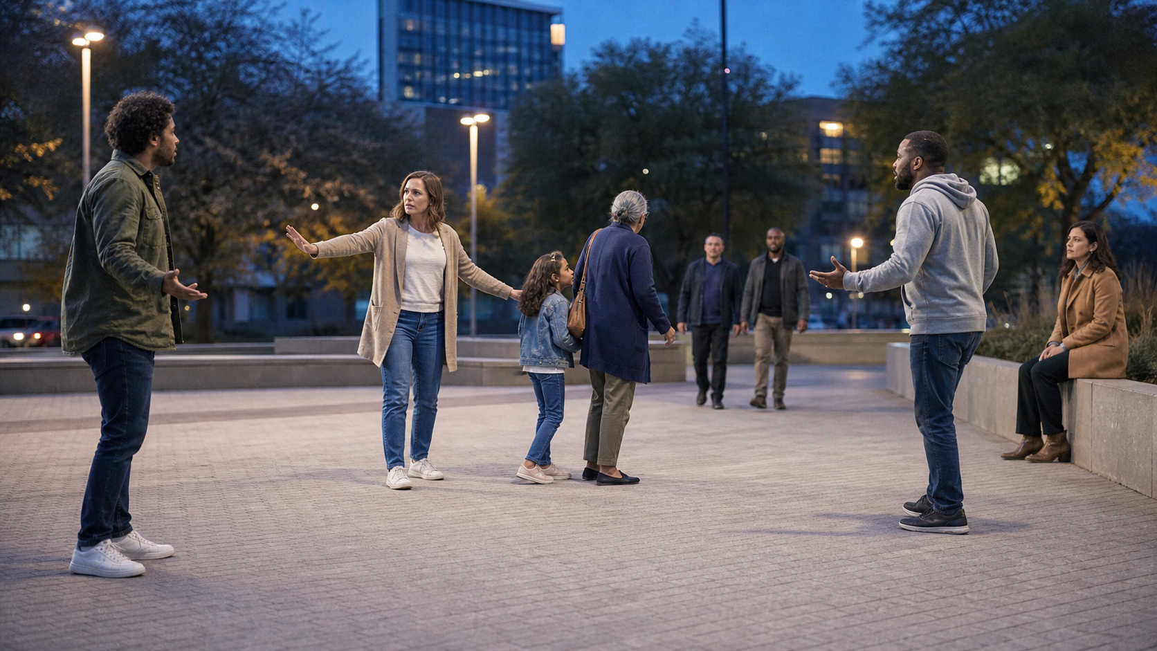 A bystander guides a child and an older adult away from a tense public confrontation while signaling to approaching safety workers.