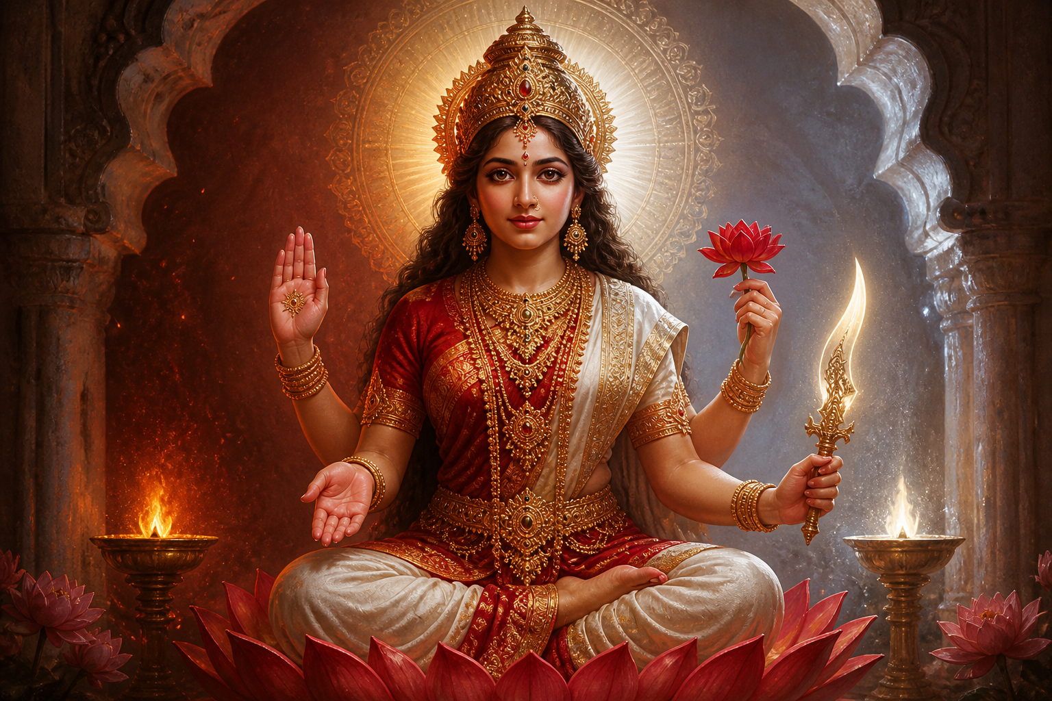 The Devi sits in a temple niche holding a lotus and a symbolic blade, with warm fierce light and cool gentle light meeting across her calm form.