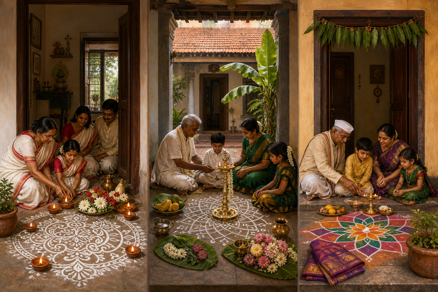 Three separate multigenerational Hindu households prepare festival observances with Bengali alpana, Tamil kolam and brass lamp, and Maharashtrian rangoli and toran traditions.