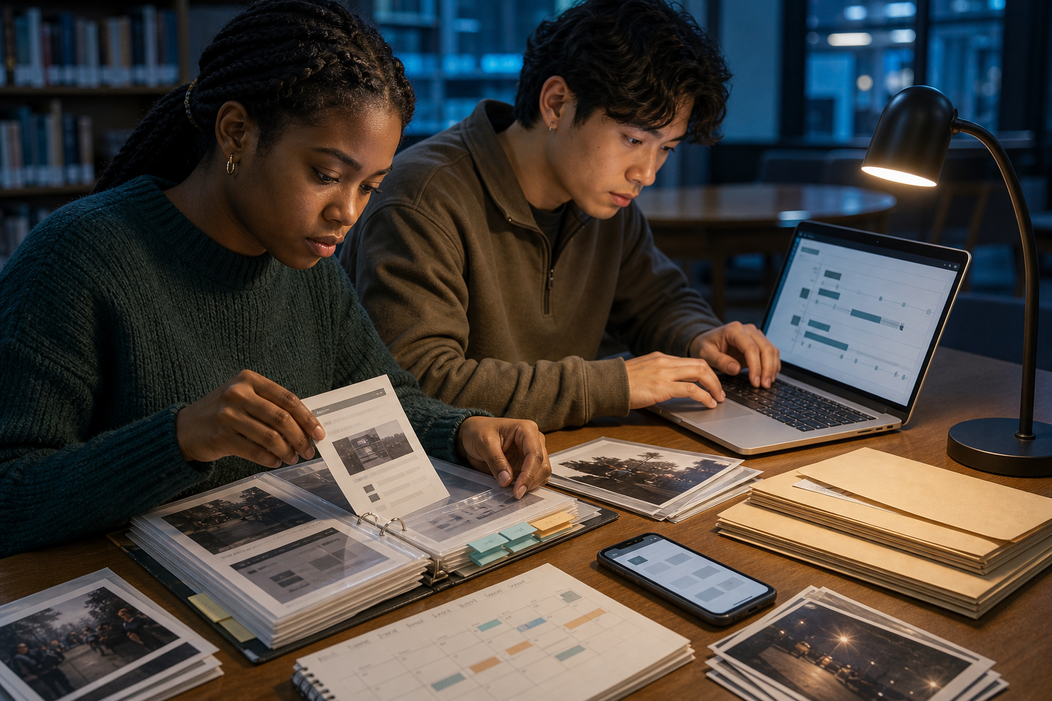 Two student organizers compile screenshots, photographs, and timeline materials into a binder and laptop record in a library.
