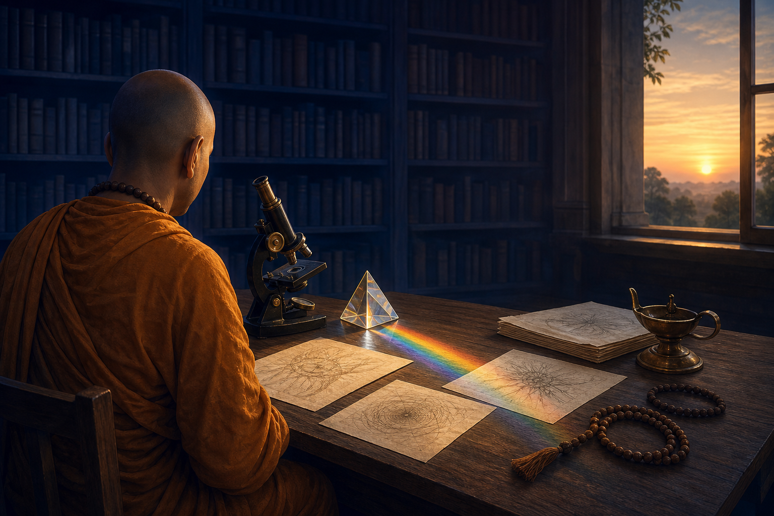 An anonymous scholar-monk sits at a desk with a microscope, prism, prayer beads, books, and an oil lamp in the light of dawn.