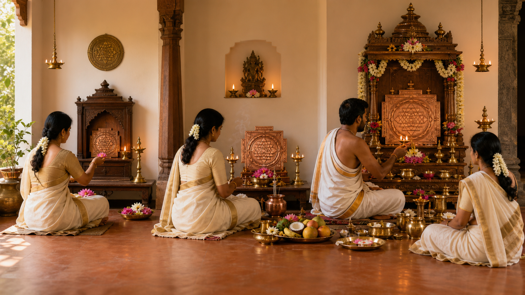 Three adjacent scenes show simple personal prayer, structured home Sri Chakra worship, and a formal guided ritual.