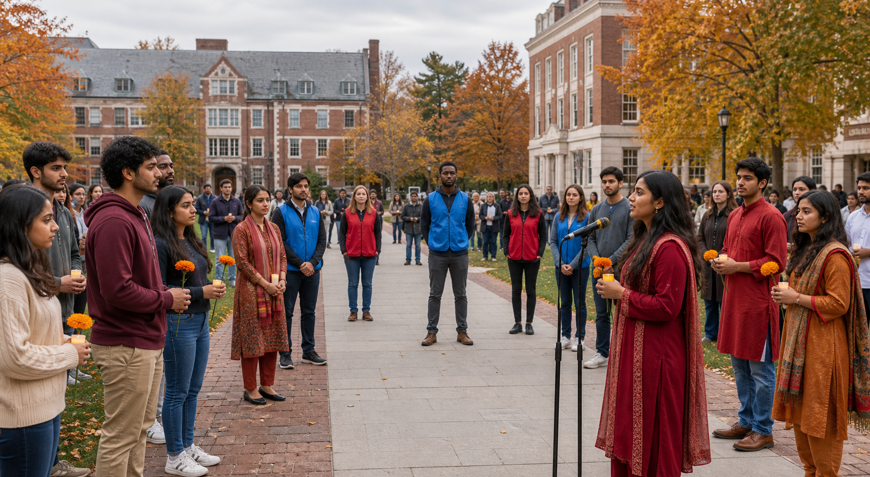 Hindu students and diverse allies hold marigold flowers and listen to a speaker during a peaceful gathering on a university quad.