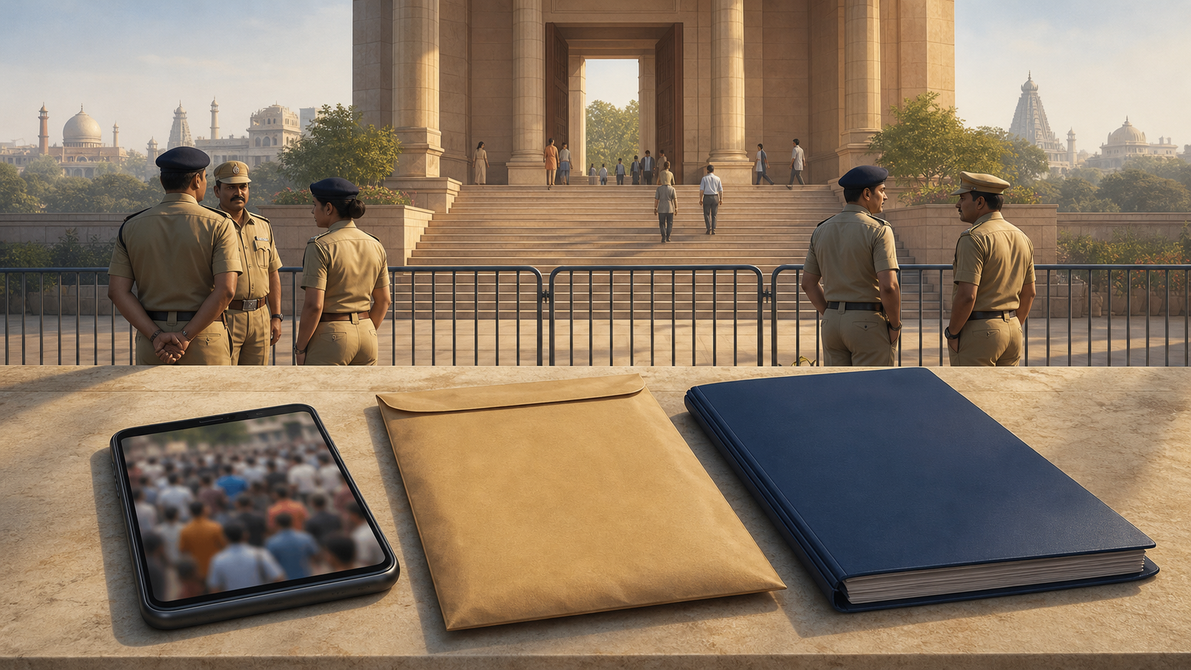 A smartphone, evidence envelope, legal file, police officers, and courthouse are arranged in a layered Indian civic scene.